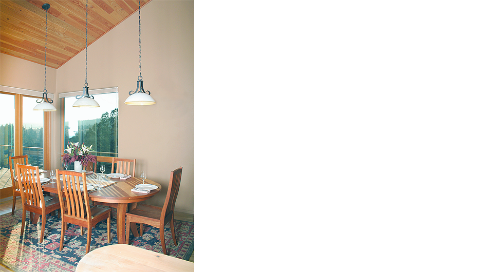 Criss Cross Dining Room Dining room with view windows and sustainably-harvested doug fir, cathedral ceiling